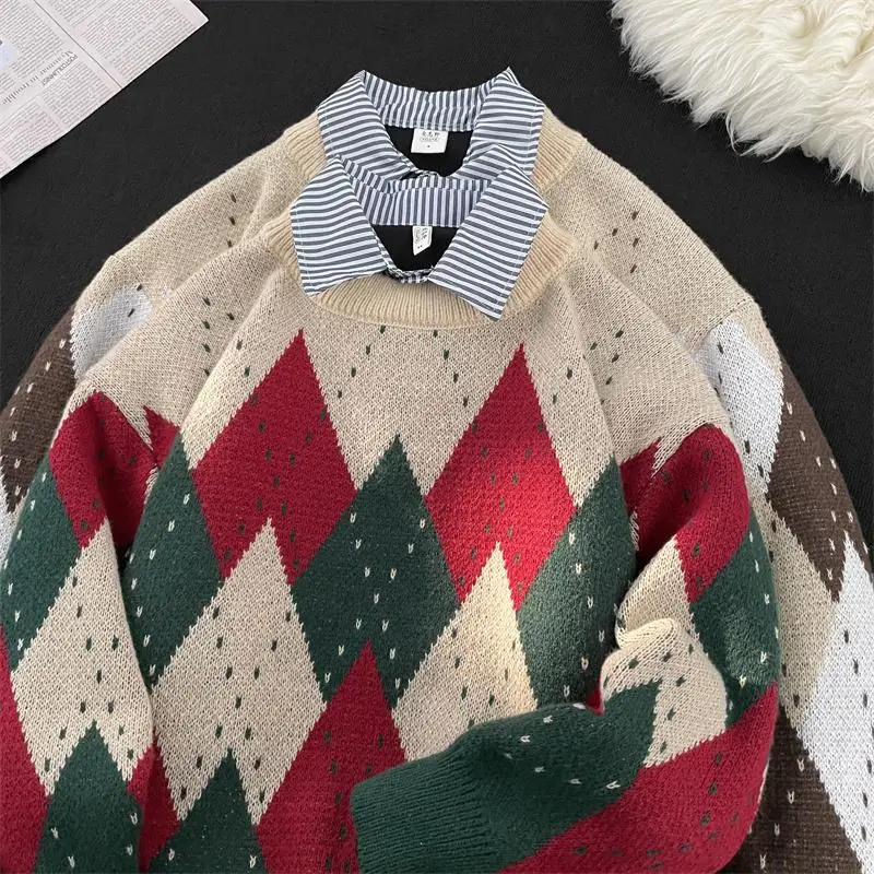 

New Year's Aosphere Color Blo Men's Knitwear Casual Loose Fit Long Sve irt Collar Couple Outerwear Winter Faion