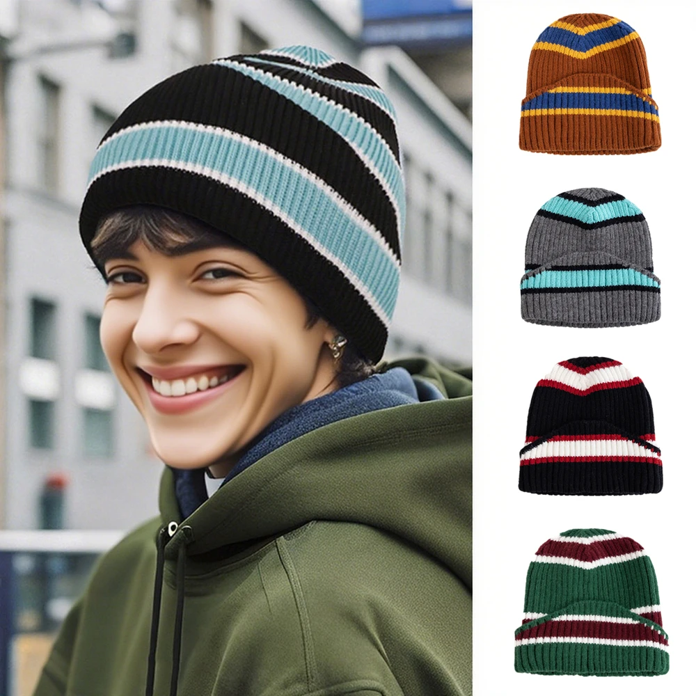 

Unisex Kpop Style Winter Hats,Fashionable Beanie Hats For Young People, Couple Street Hats, Elegant Striped Design Knitted Hats