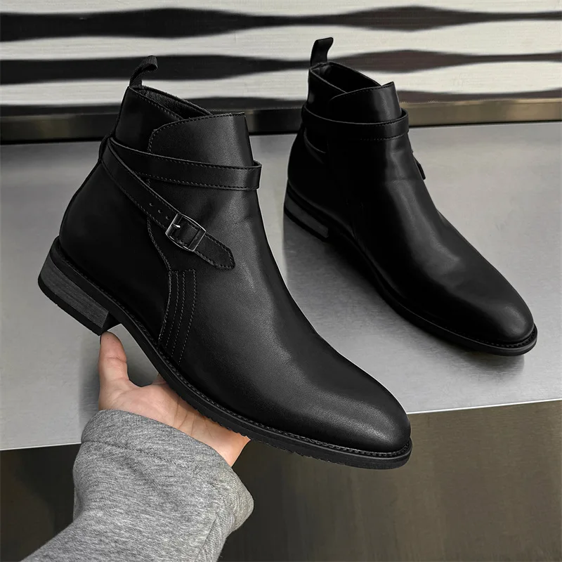 New Black Vintage British Men Ankle Leather Shoes Business Dress Tooling Ankle Boots Platform Boots Outdoor Wedding Chelsea Boot