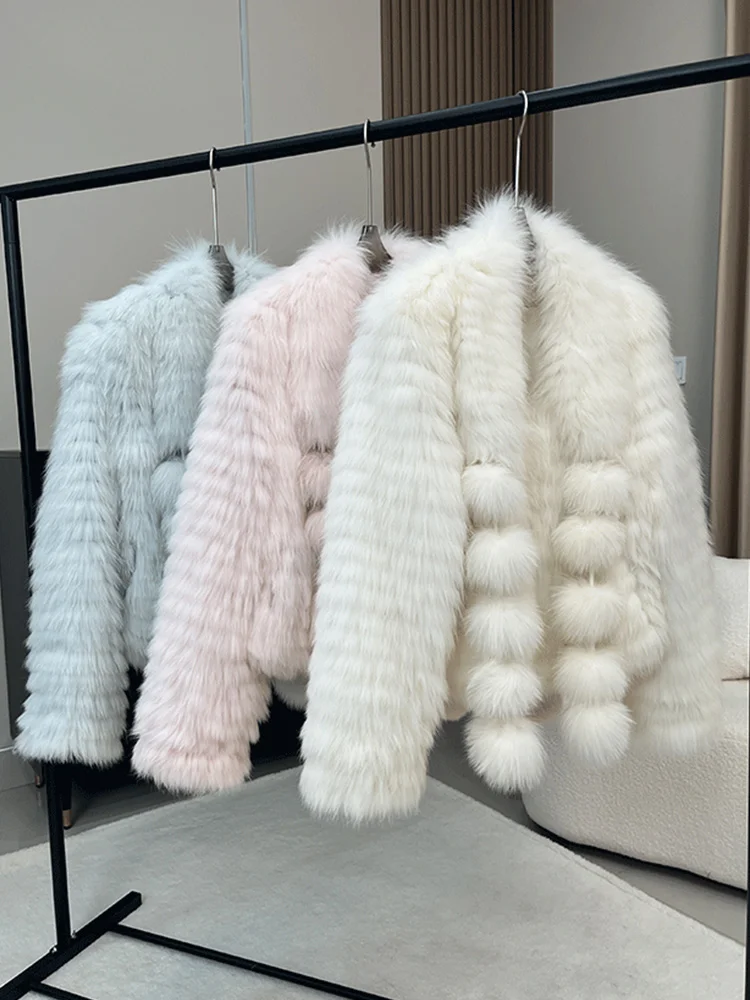 2025 Winter Women's Natural Fox Fur Jacket Fur Strip Sewed Toghter Style Warm Thick Casual Jacket Warm Coat Outwear
