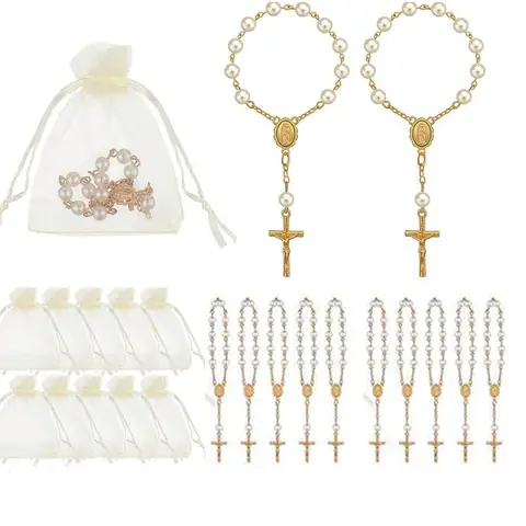 Bilashmart 10-60 Pieces Mini Rosary Favors Baptism Favors Acrylic Rosary Beads Finger Baptism Rosaries with Organza Bags for Christening