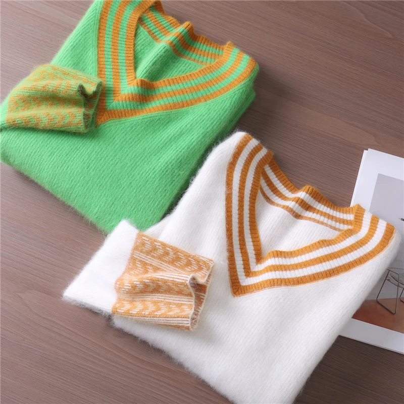 

New Chic V-Neck Retro 100% Mink Cashmere Sweater Autumn Winter Exquisite Cuff Design Soft Warm knitting Woman Clothing Tops 2025