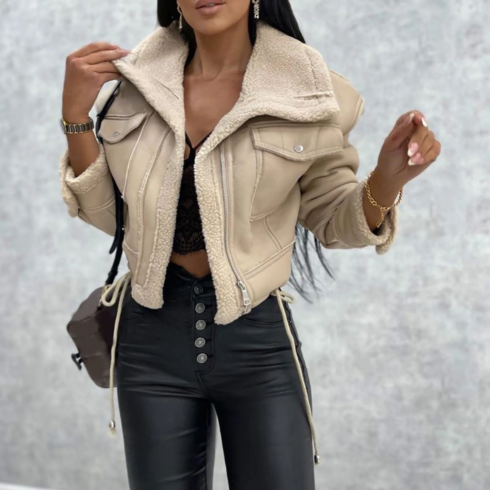 Women's Plush Lined Cropped Biker Jacket Large Lapel Collar Chest Pockets Contrast Stitching Bottom Drawstring Streetwear Outfit