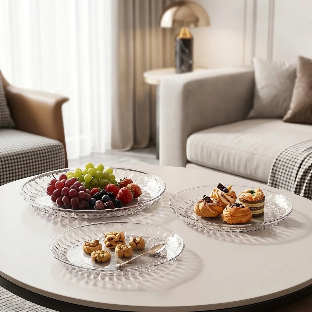Clear Plastic Serving Tray Round Fruit Plates Reusable Dessert Snack Dish Shatterproof Stackable PET Tableware for Party