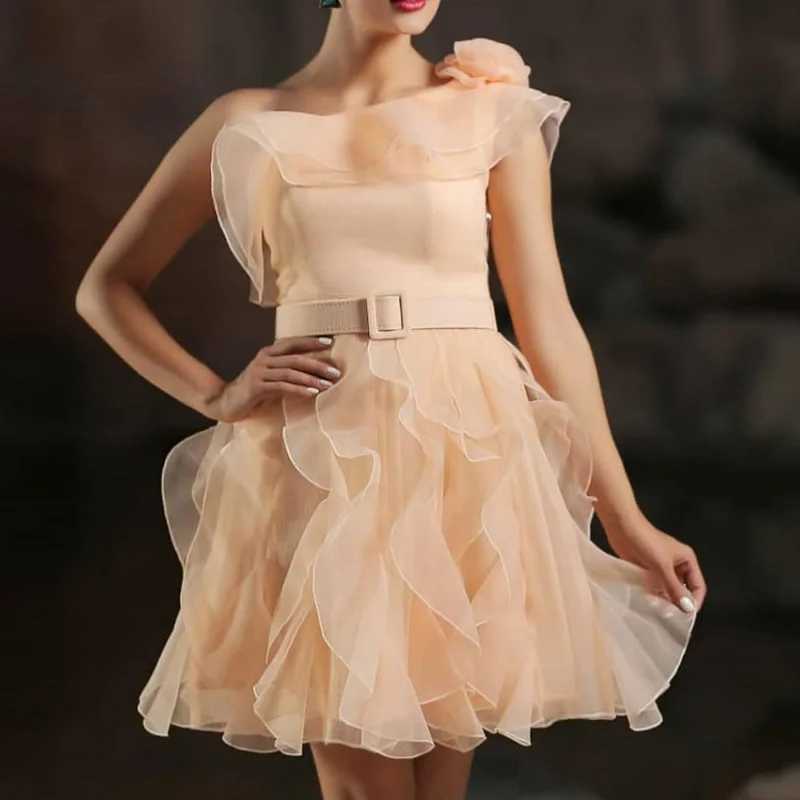 

Charming Champagne Homecoming Dresses One-Shoulder Short Prom Gowns Organza Mini Party Dresses Ball Gown Graduation Gowns