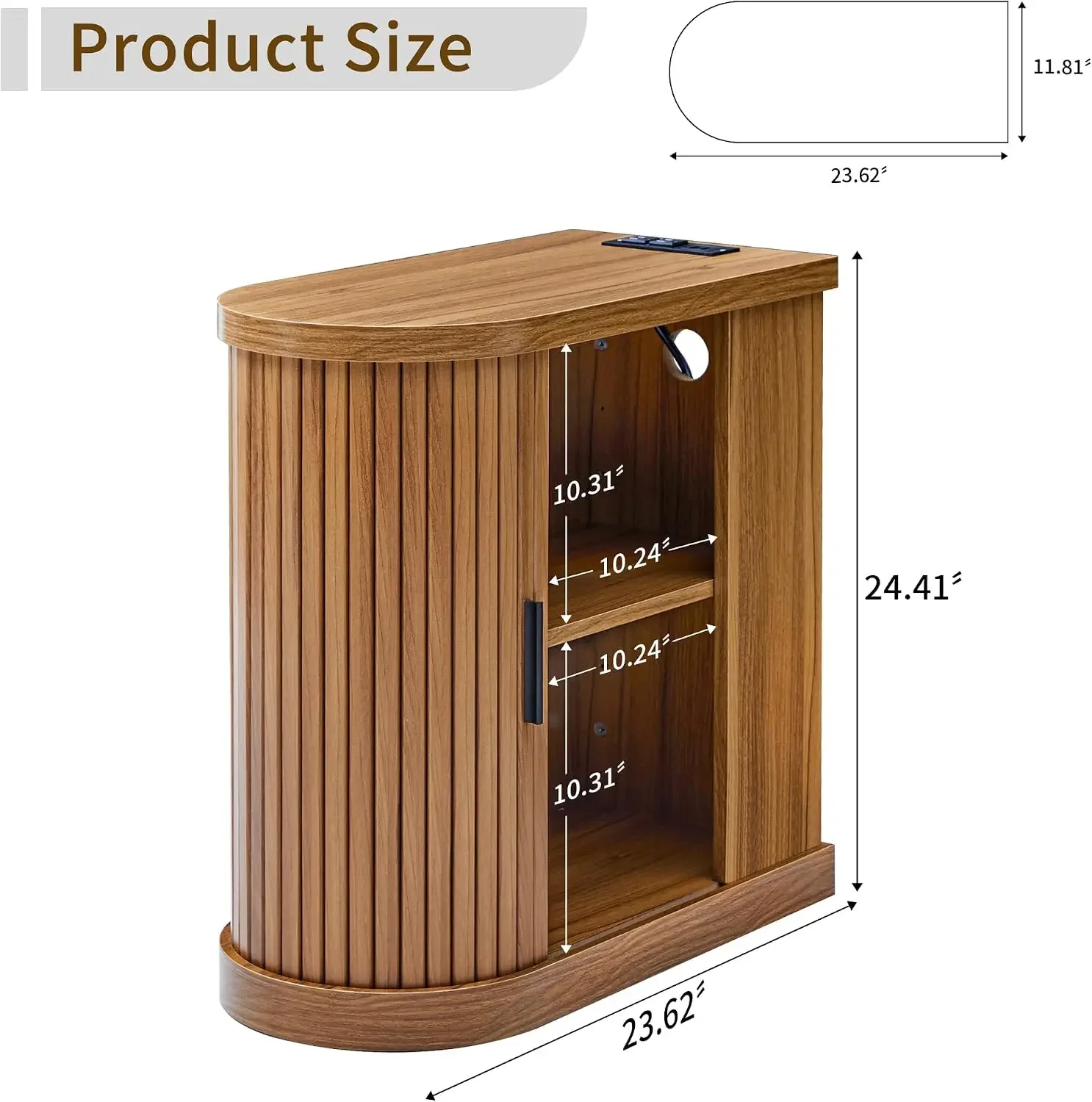 Mid-Century Modern Curved Fluted Narrow Nightstands, Walnut | Wooden Skinny Side Table with Storage Doors and Shelves, Charging
