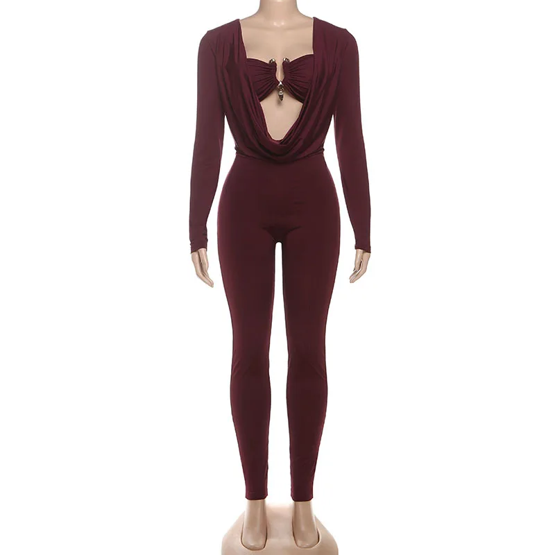 Metalen Gesp Strapless Vrouwen Solid Skinny Jumpsuits Swingende Kraag Lange Mouw Perzik Heupen Slanke Eendelige Overalls Streetwear