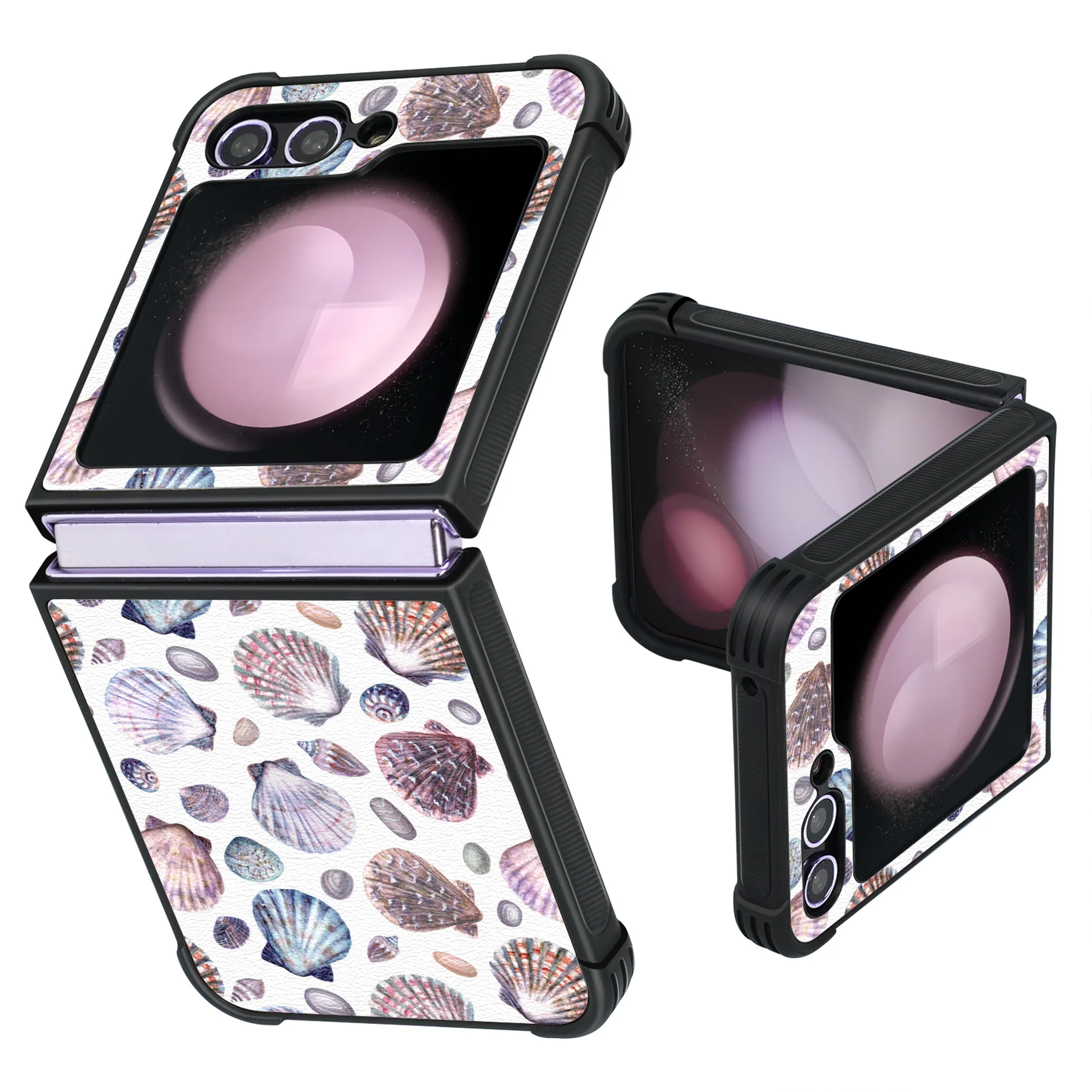 Patterned PU Leather + Soft TPU Bumper Shockproof Protective Case Cover Compatible With Galaxy Z Flip5 5G , Seashell