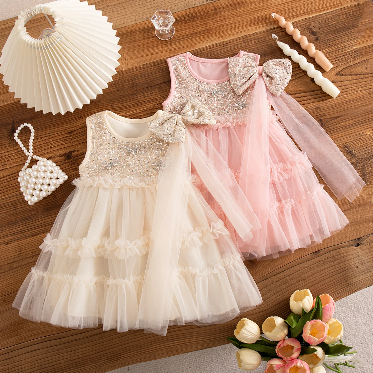 Baby Girl Dress Summer Sweet Bow Hair Accessory  Tutu Princess Dress Birthday Party Dress Children'S Clothing 9 Months -4 Years