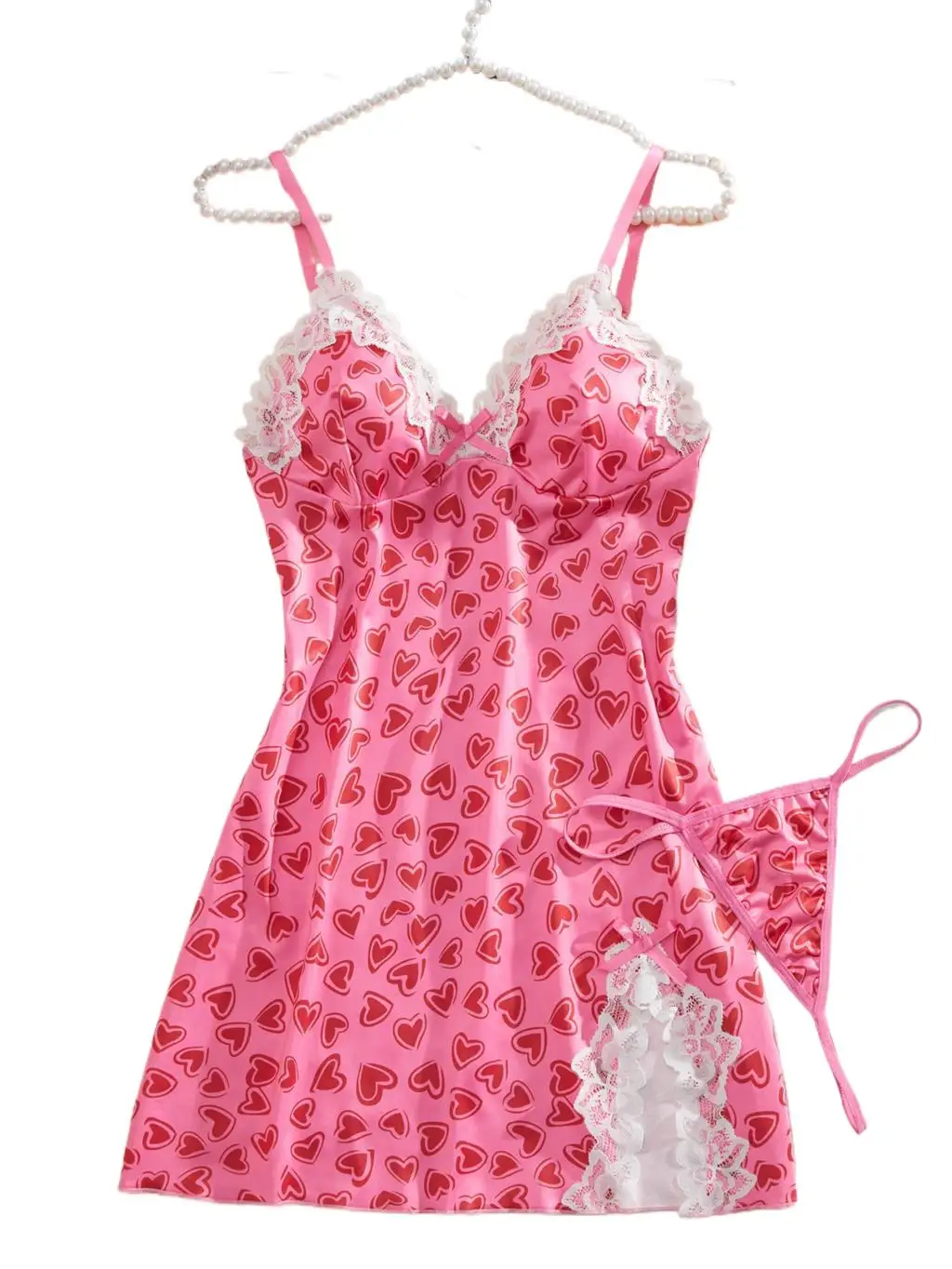 

Розовое сексуальное женское платье с принтом в виде сердечек, комплект с трусиками-стрингами и разрезом, сексуальная мини-юбка, ночная сорочка, эротический костюм