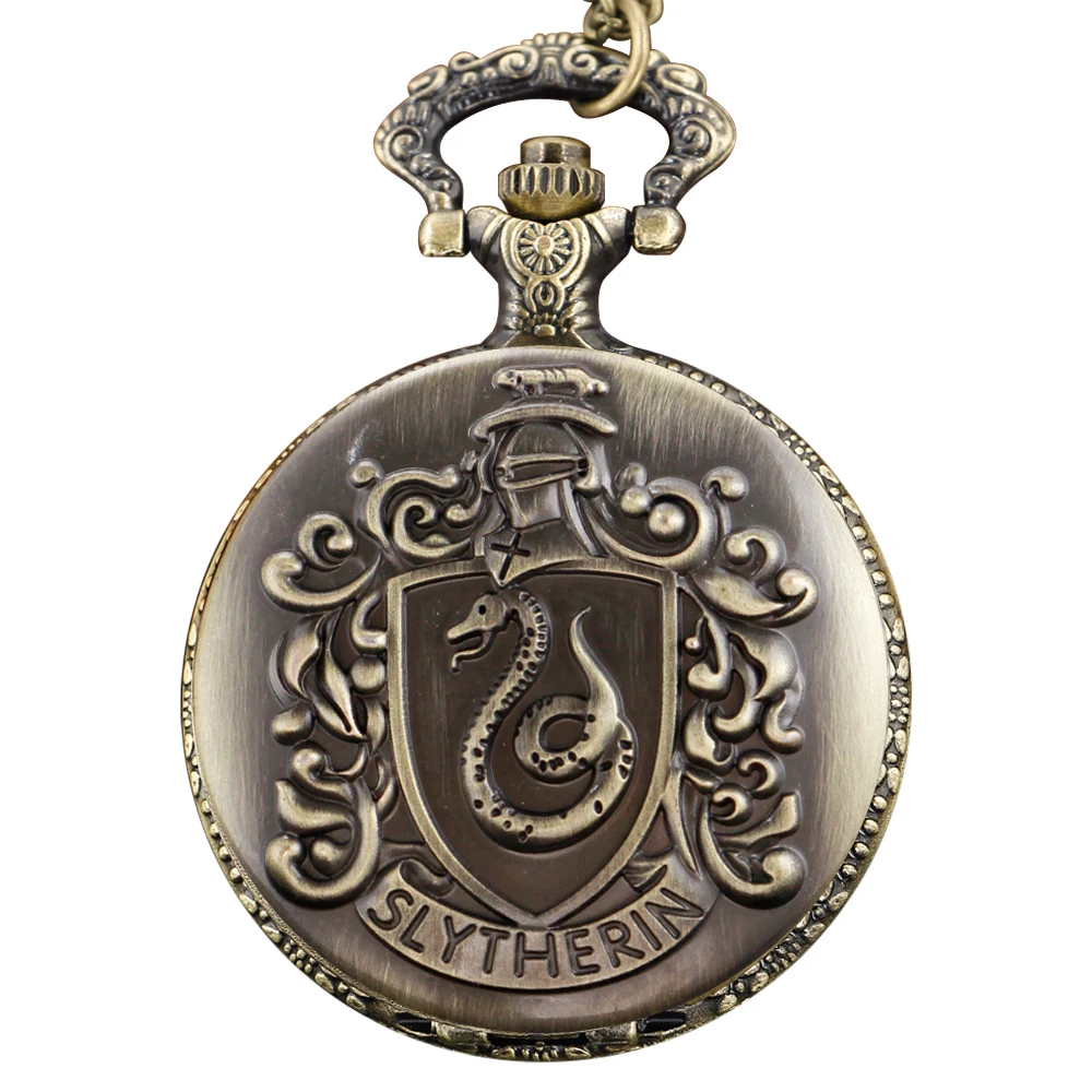 Vintage Quartz Pocket Watch  Bronze Time Necklace Clock Evil Magic Snake Badge Academy Pendant Best Gift for Men and Women Kids