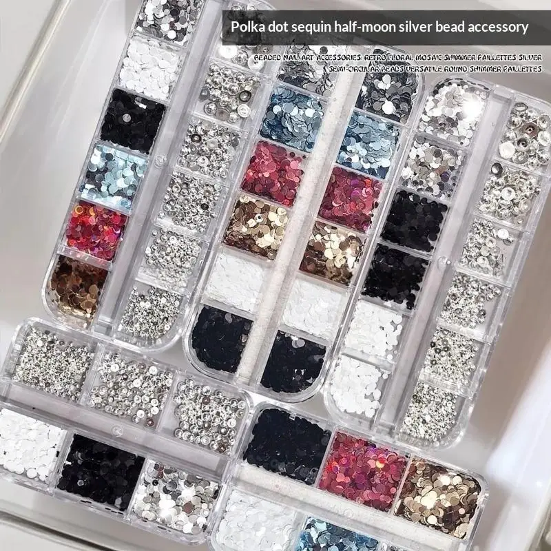 1 Box 6/12 Grids Round Nail Glitter Sparkling Flakes Nail Charms Manicure Decor 3D Spliced Flower Polka Dot Nail Art Sequins