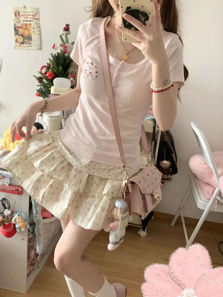 Summer Sweet Fake Two Piece Patchwork Short Sleeve T-Shirts Fashion Pretty Kawaii Cute Pink Print Slim 2-piece Set Women's New