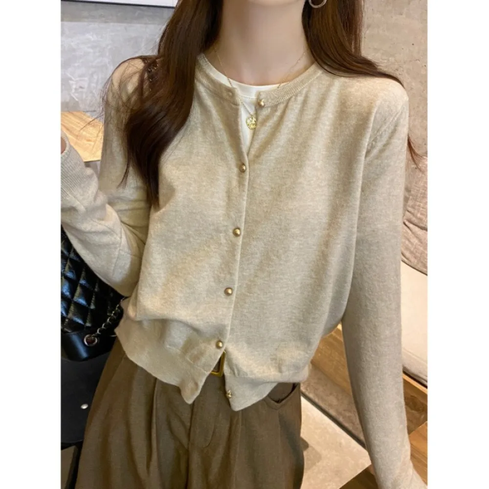 Casual Long Sleeve Knit Cardigan Solid Color Single Breasted Women Sweater Round Neck Cardigan Top