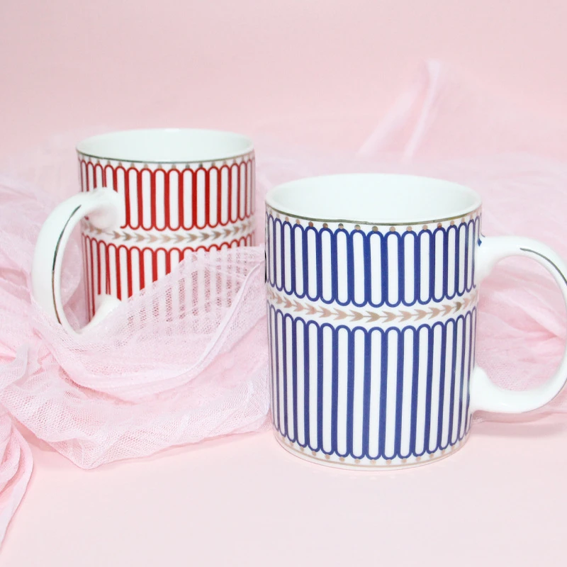 Simple And Practical Gift Ceramic Cup Couple Nordic Style Mug Blue Pink Striped Printed Home Tea Cup Holiday Gift