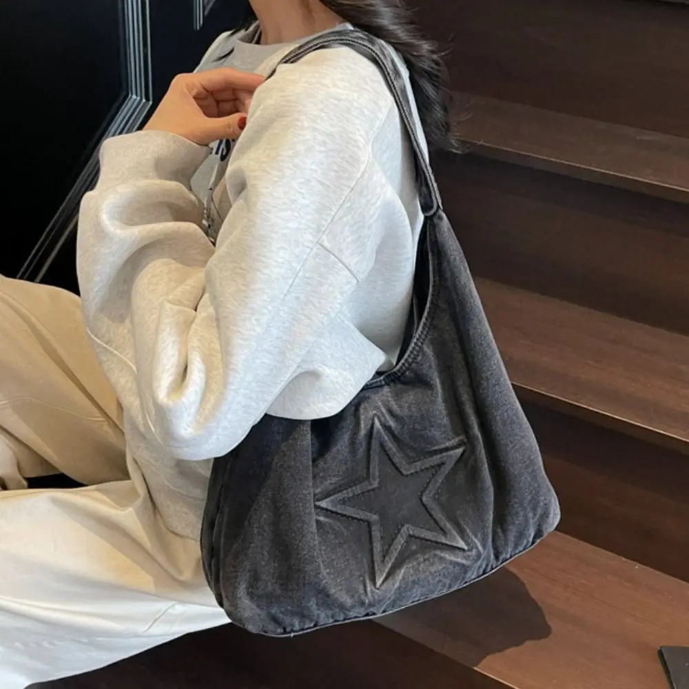 

Temperament Leisure Denim Tote Bag Harajuku Star Pattern Canvas Shoulder Bag Hobo Bag Large Capacity Women Handbag Commuting