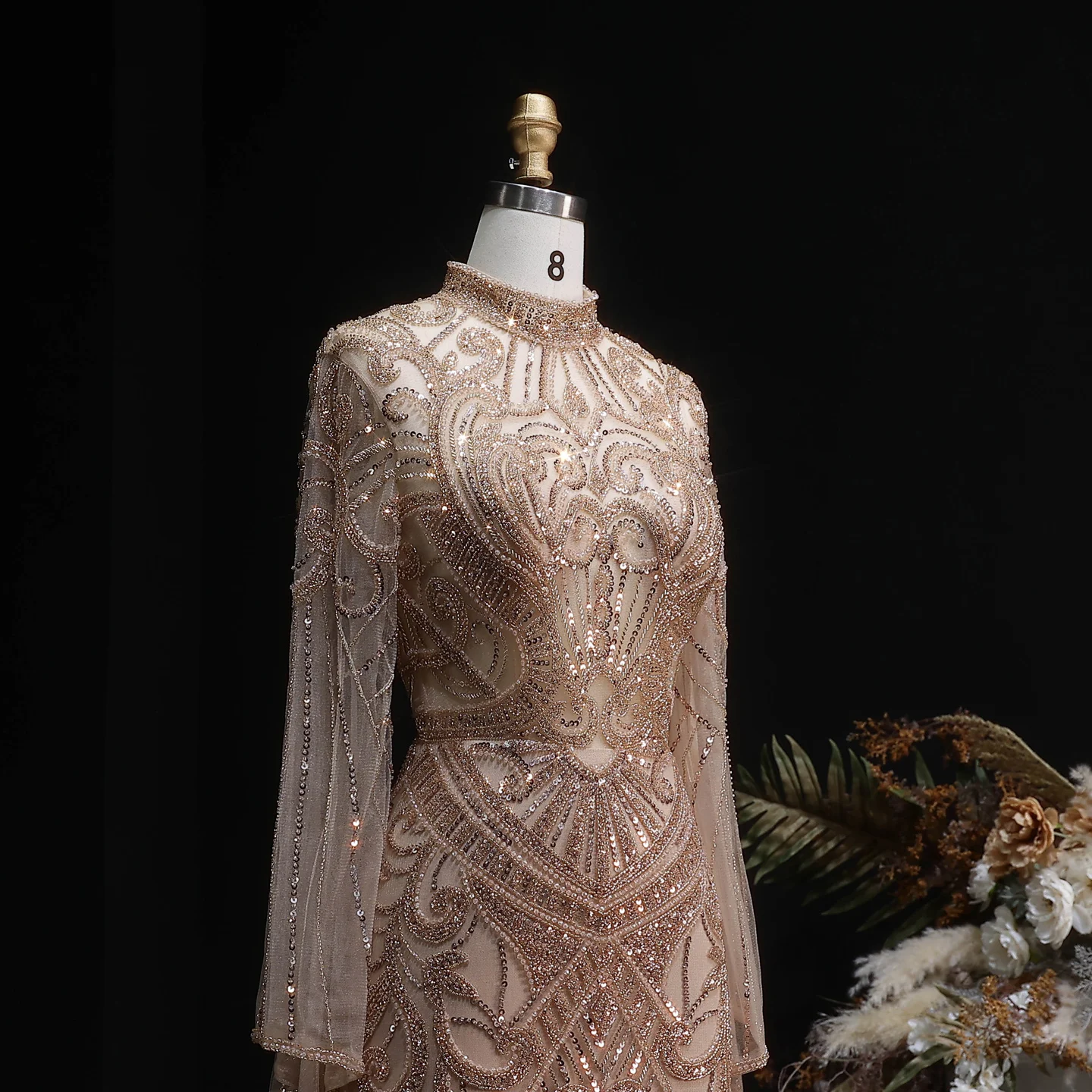 Sharon Said Abendkleider Luxuriöse Meerjungfrauenkleider mit Hohem Kragen und Langen Ärmeln, Funkelnde Pailletten-Formelle Kleider für Abschlussball und Party, Elegantes SS055 Maßgeschneidert – Detail 7
