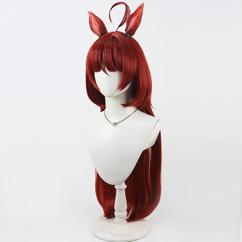 Umamusume bonito derby vermelho sonho cosplay peruca orelhas e cauda feminino vermelho longo cabelo reto com franja anime adereços de festa de halloween