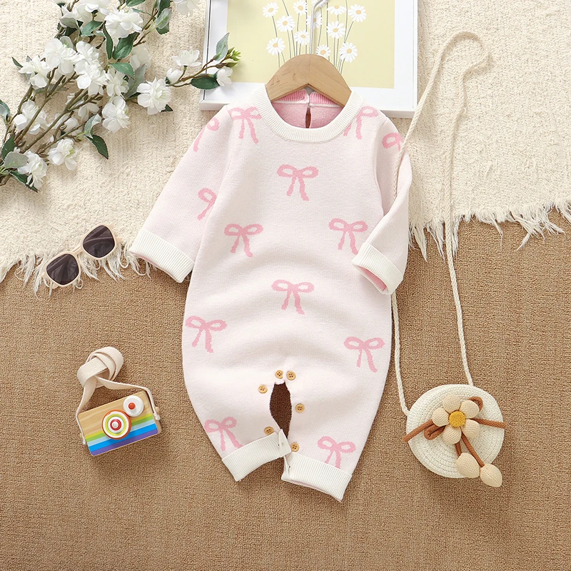 Weiß Baby Mädchen Strampler Gestrickte Mode Langarm Neugeborenen Infantil Bowknot Muster Overalls Outfits Ein Stück Kinder Kleidung
