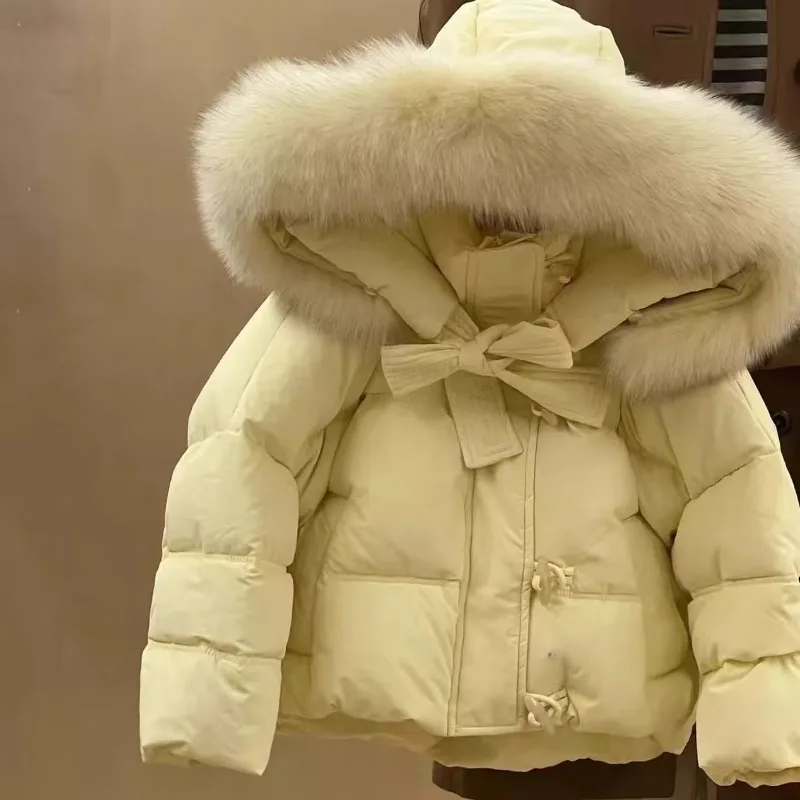 ZOETOPKID Girls' Short Down Cotton Jacket with Big Fur Collar Warm Winter Thick Coat Casual Style Children's Warmth Coat