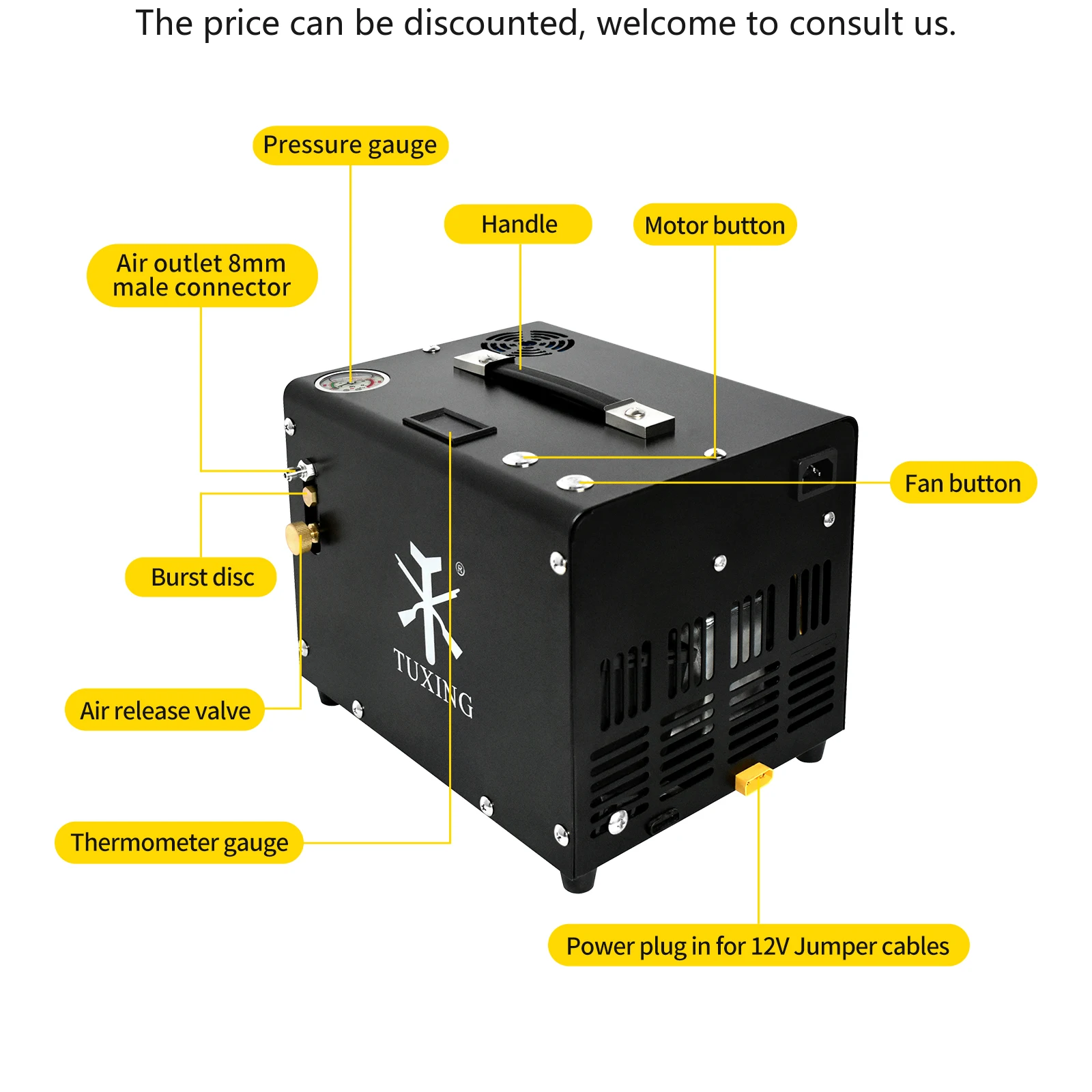 

TUXING CE Wholesale Manual Stop Built-in Filter 4500Psi/300bar/30mpa Oil-free 12V High Pressure Paintball Hunting Air Compressor