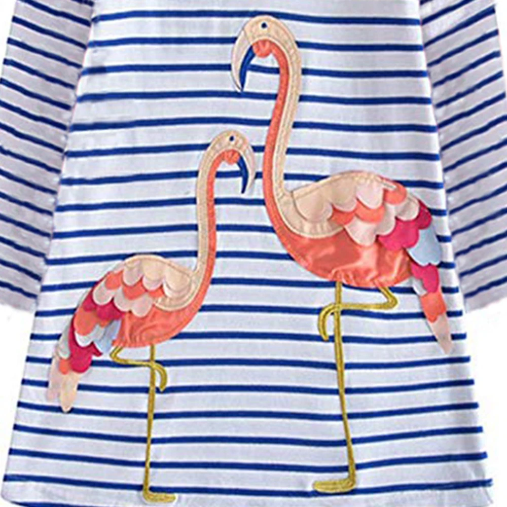 VIKITA Kids Flamingo Cartoon Appliqued Dress Girls Striped O Neck Long Sleeve Autumn Spring Straight Dresses Children Clothing