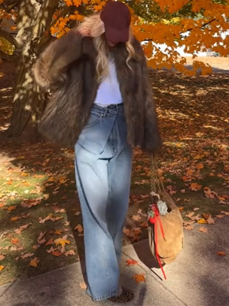 

Winter Warm Plush Windproof Women's Coat Fashion Luxury Faux Fur Retro Brown Coats Turndown Collar Long Sleeve Women Outerwears