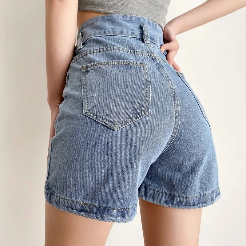 Women High Waist Vintage Denim Shorts Chic Summer 2024 New Mall Goth Loose Korean Fashion Y2k Straight Short Pants Blue Harajuku