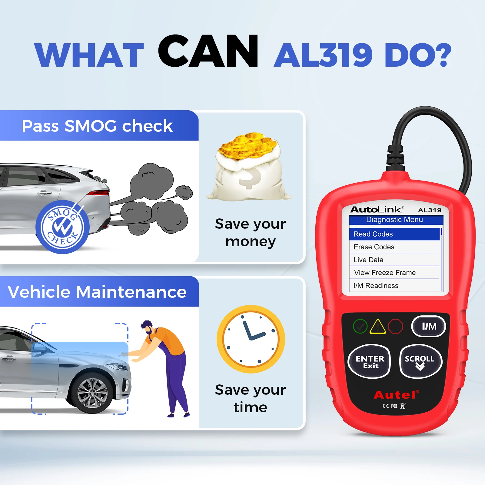 Autel AL319 Code Reader OBD2 Diagnostic Scan Tool One-click I/M Readiness Key for Check Engine Light Turn-off Freeze Frame Data