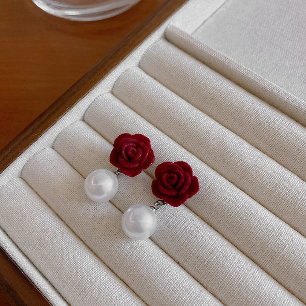 Серьги с цветком розы, серьги с цветком розы, свежие винно-красные серьги с свежим жемчугом, новый модный дизайн, ювелирные изделия в стиле ретро, аксессуары, сексуальные