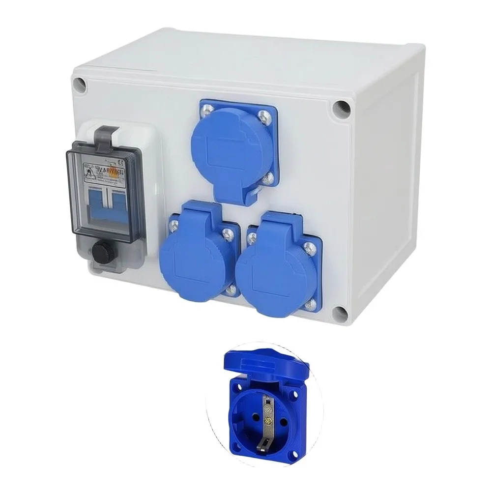 3-Way Wall Mounted Power Distributor IP54 250V 16A 1P+N Residual Current Device with Robust ABS for Outdoor Sites