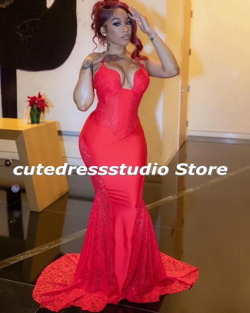 Sexy Red Prom Dresses For Black Girls 2024 Lace Party Gowns African Women Mermaid Evening Dress Court Train Customized