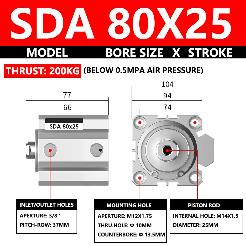 ABILKEEN SDA80X25 SDA Series Thin Air Cylinder 80MM Female Thread Bore X 25MM Stroke Double Acting Pneumatic Compact Cylinder