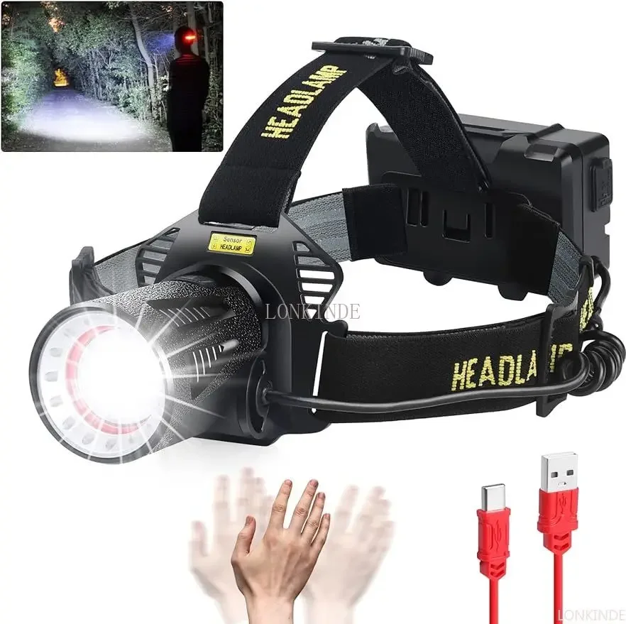 Super Bright 15000LM 36Cores XHP360 Headlamp With Motion Sensors Zoomable Headlight IP68 Waterproof Head Flashlight for Camping