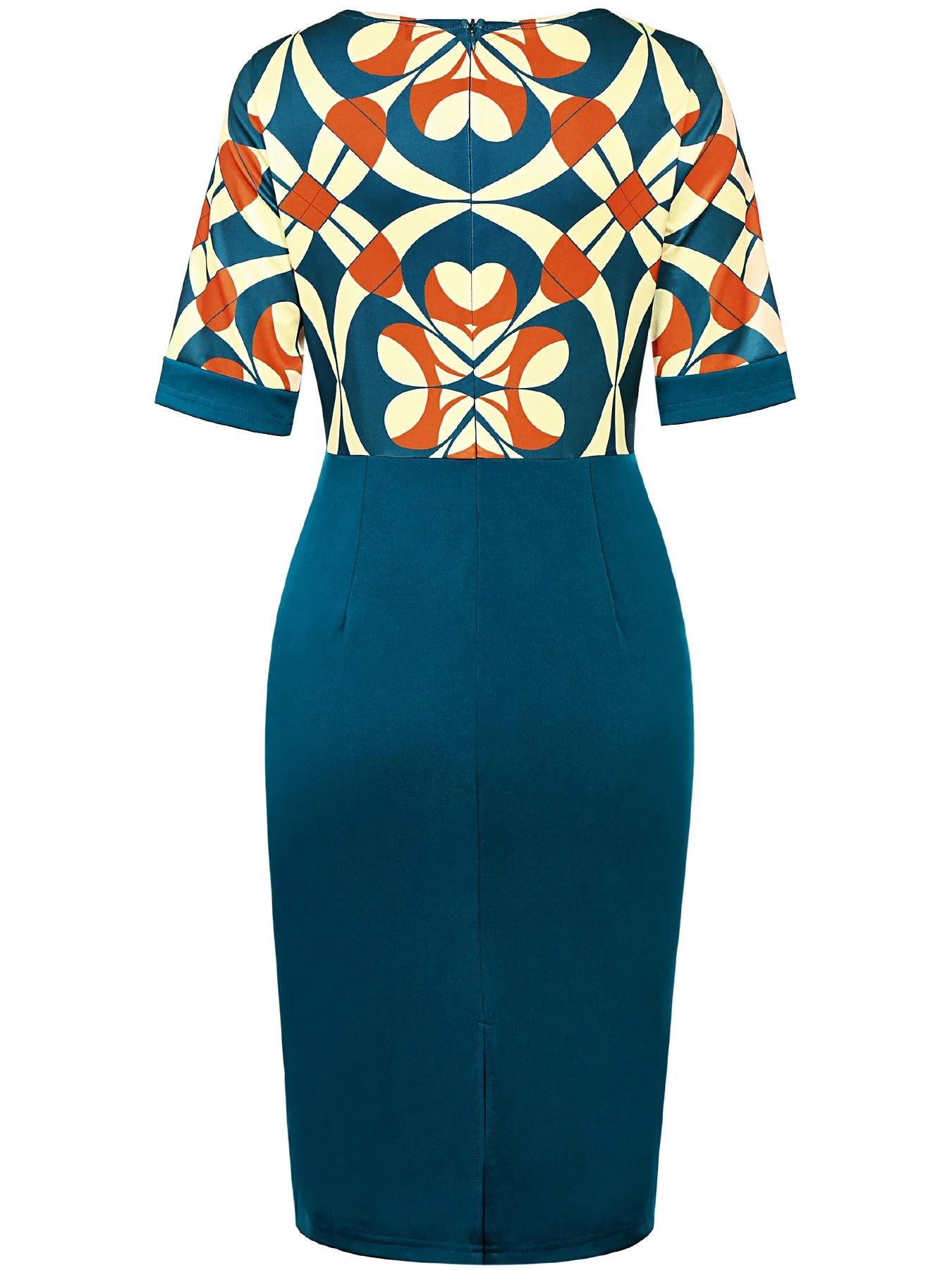 Womens Geometry Print Crew Neck Patchwork Work Office Knee Length Short Sleeve Business Casual Party Pencil Bodycon Sheath Dress