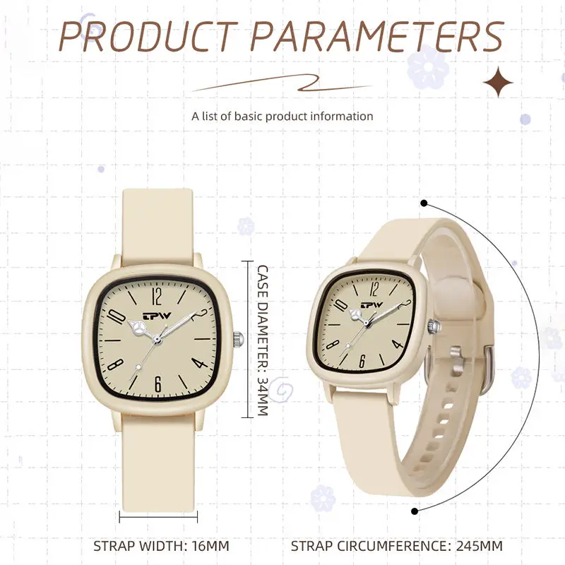 Fashion 34mm Kids Sport Wrist Watch Luminous Waterproof Square Quartz with Personalized Arabic Numerals Silicone Band for Child