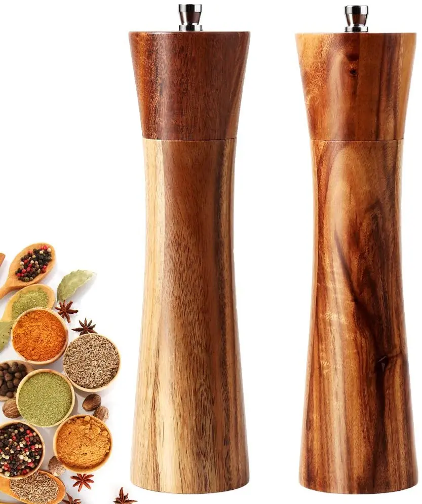 Wooden Salt&Pepper Mill Set Acacia Wood 8 Inch Manual Grinder Kitchen Tool Accessories Set Hot Sale Simple Design With Tray
