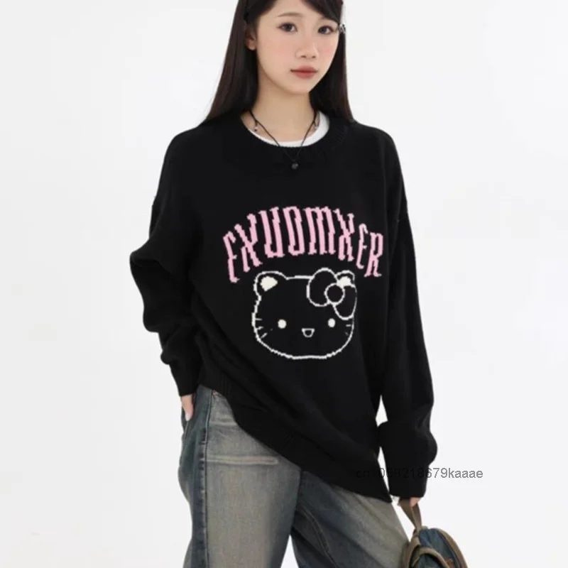 Sanrio Hello Kitty Spring Autumn New Cartoon Sweater Female Academy Style Versatile Loose Clothes Cute Sweet Y2k Girl Trendy Top