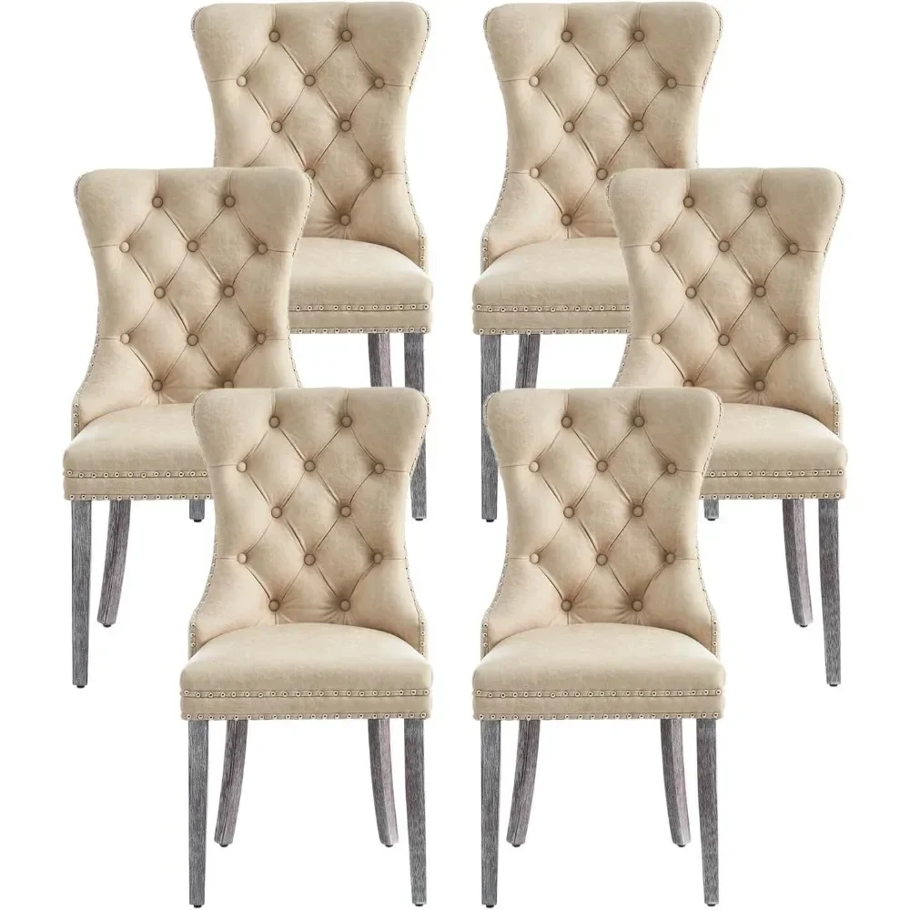 

Customizable Leather Set of 6, Upholstered Dining Chair with Nailhead Trim and Solid Wood Legs, Luxury Wingback