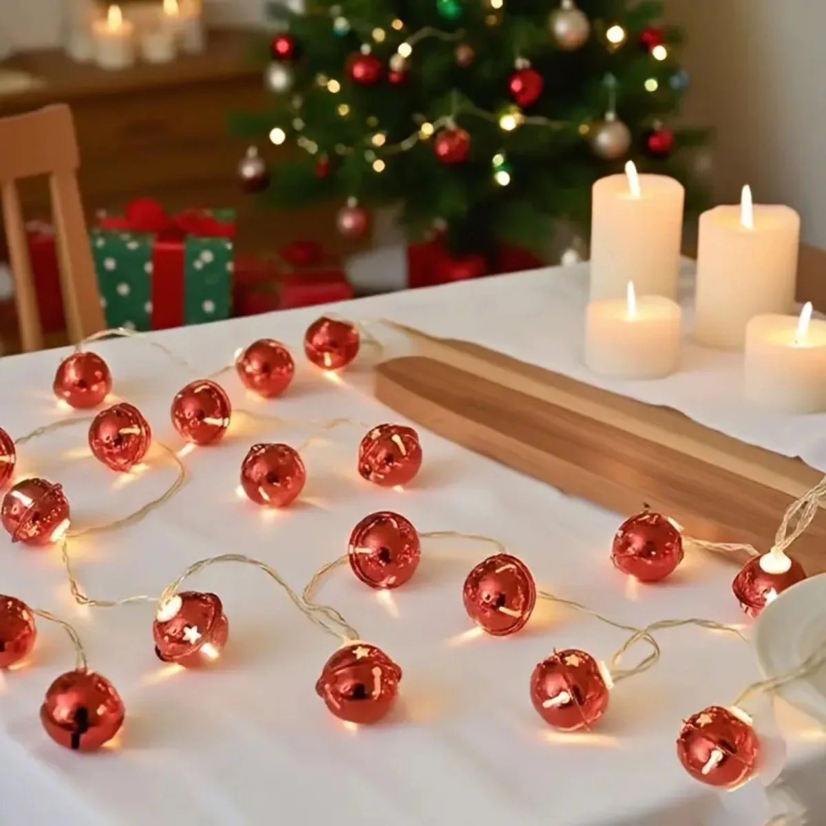 1pc Red Christmas Bells String Lights Battery Operated Indoor 10/20/30 LED Jingle Bell Lights For Home Tables Xmas Tree Decor