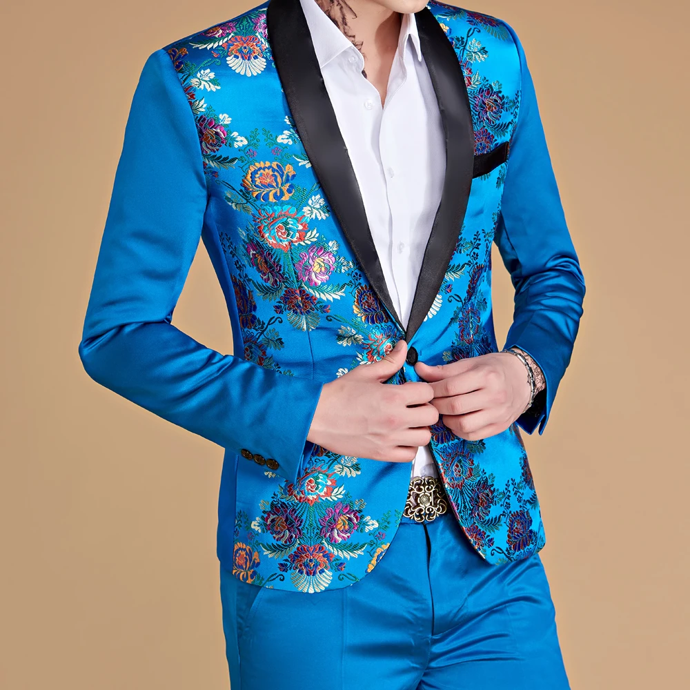 2022 Fashion New Men\'s Blue Stage Banquet Solid Color Suit Coat / Male Slim Wedding 2 Pieces Blazers Jacket Pants Trousers