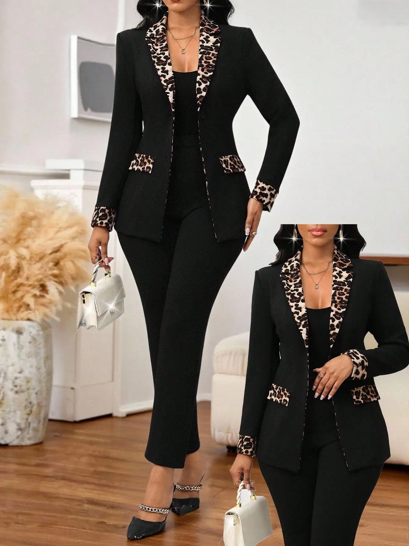 

Костюм-двойка для женщин: блейзер с отделкой под черного леопарда и брюки — элегантный офисный наряд больших размеров с лацканами и карманами