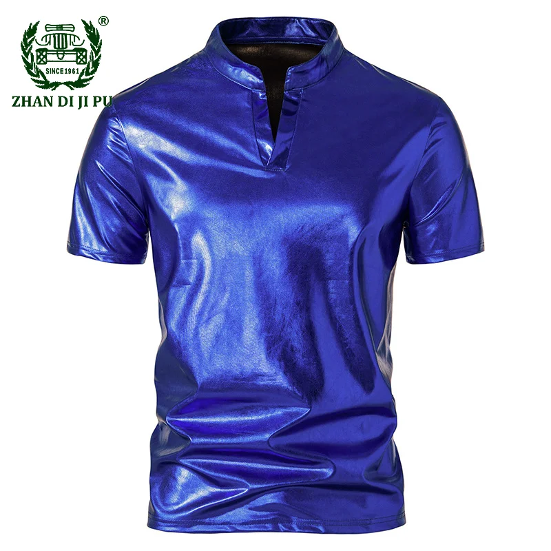 

Mens Gold Shiny Henry Neck T Shirt Short Sleeve Coated Metallic Nightclub Disco Party Stage T-shirt Hip Hop Tops Homme Costume