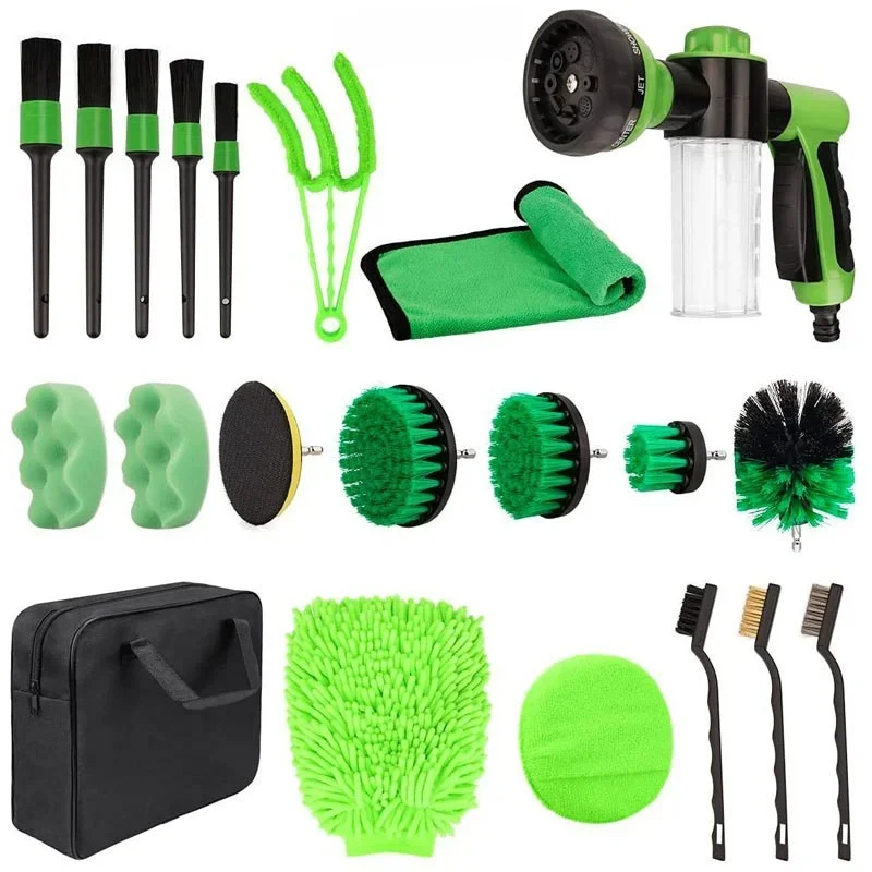 

7-colors Multi-functional Car Beauty Cleaning Electric Drill Brush 21-piece Set Detail Brush Spray Gun Set Car Detailing Tools