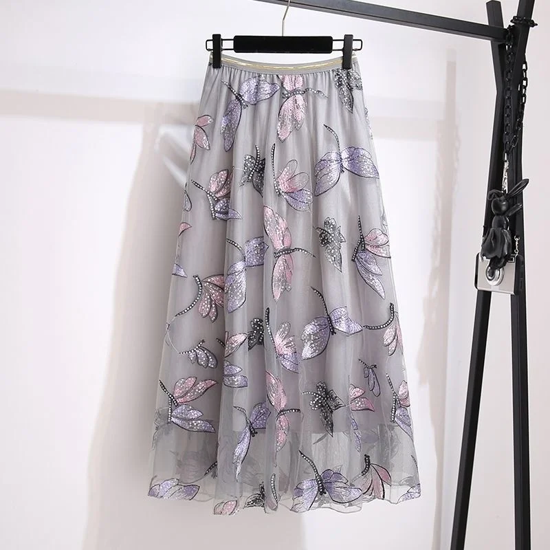 

Mesh Floral Skirt Women 2023 Spring Summer Autumn Long Gauze Skirt High Waisted Grace Fashion Puff Skirts Elegant Mujer Printing