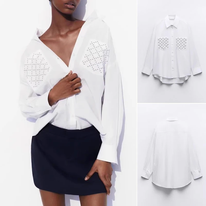 

Новый летний свободный женский длинный све с отложным воротником, асимметричный подол, заклепки, украшенный шелковой смесью, повседневный топ Busin