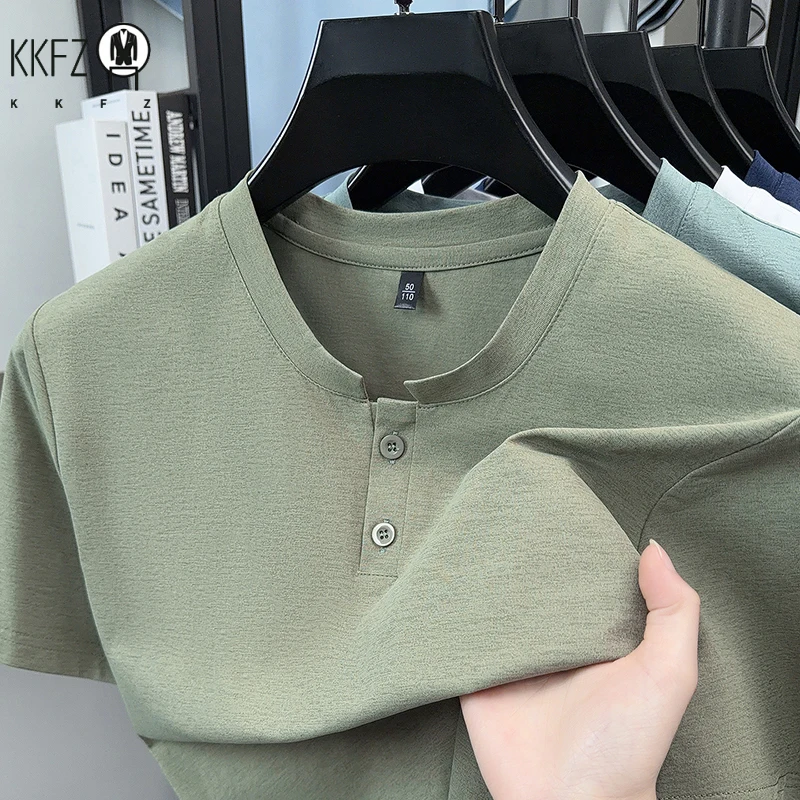 Simple solid knit mens henley collar shirt two button placket cool stretch anti wrinkle summer casual everyday wear
