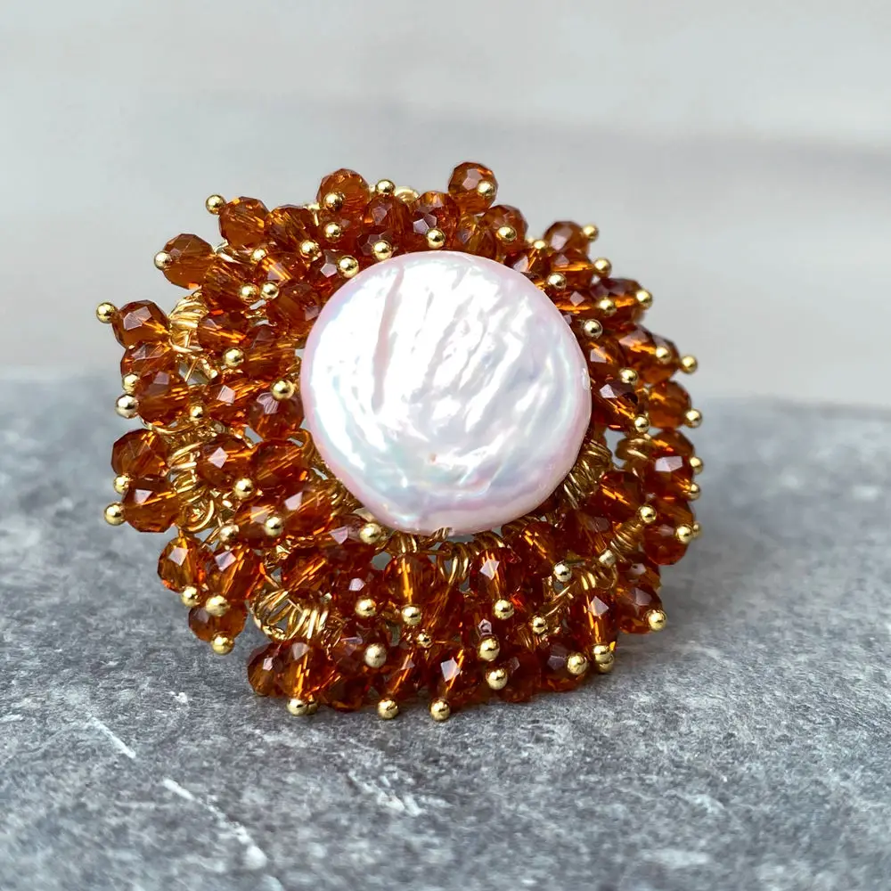 White Coin Pearl Brown Crystal Gold Plated Adjustable Ring - Image 2