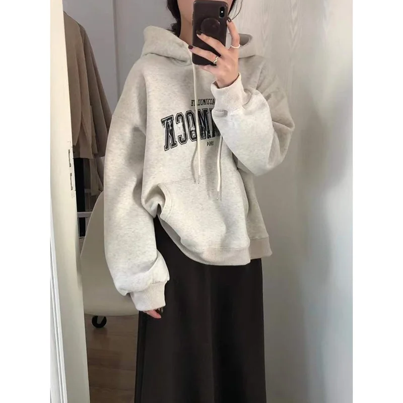 

Корейская женская толстовка оверсайз на флисовой подкладке, осенне-зимняя повседневная верхняя одежда с буквенным принтом, для поездок на работу, с длинными рукавами
