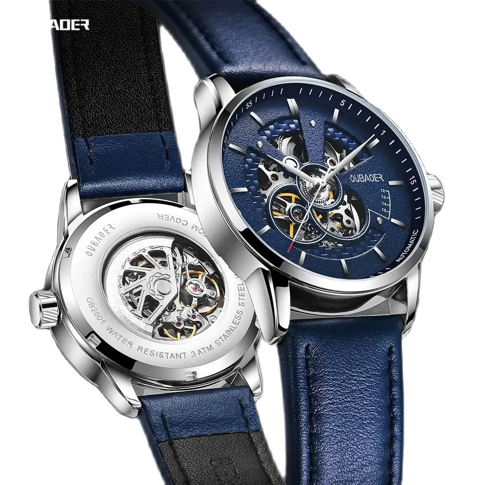 OUBAOER New Mens Watches Mechanical Automatic Top Brand Luxury Tourbillon Self Winding Blue Leather Sport skeleton Wristwatches